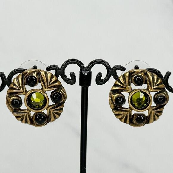 Chico's Gold Tone Green Rhinestone Flower Post Stud Earrings Pierced Pair - Picture 1 of 10